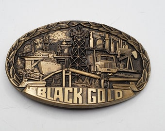 VINTAGE BLACK GOLD Petroleum Brss Belt Buckle Signed I.M.C Collectible Buckle Vintage Accessories Men's Buckle