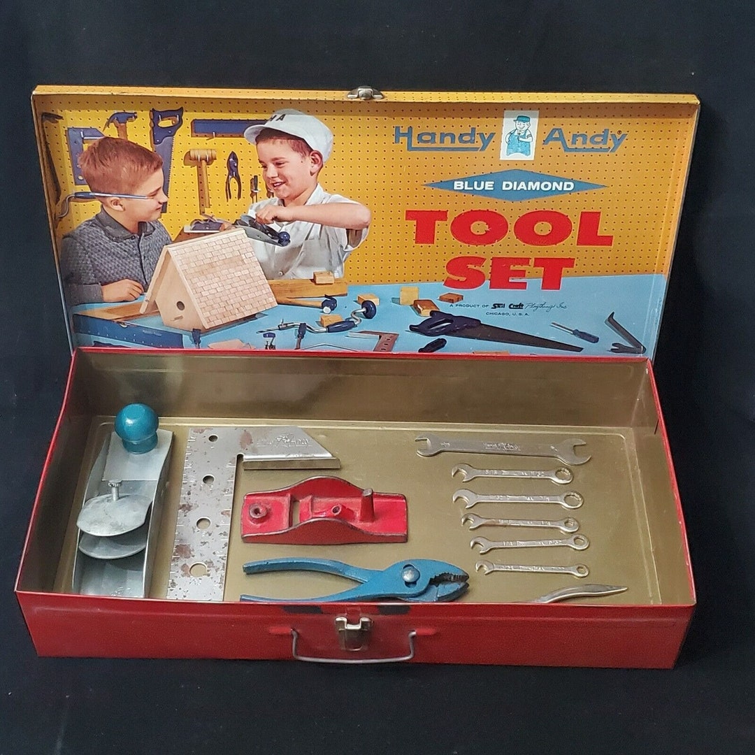VINTAGE HANDY ANDY Blue Diamond Tool Box Set Metal Case No 650 ...