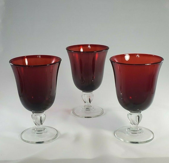 Set of 2 Vintage Wine Glasses - Goblets. Gorgeous Red with Clear
