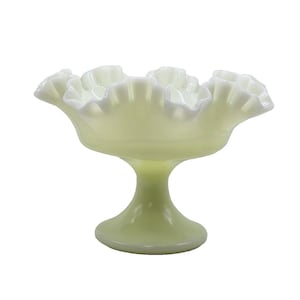 ANTIQUE FENTON CUSTARD Green Milk Glass Compote Candy Dish Ruffled Top Collectible Glassware Memorabilia