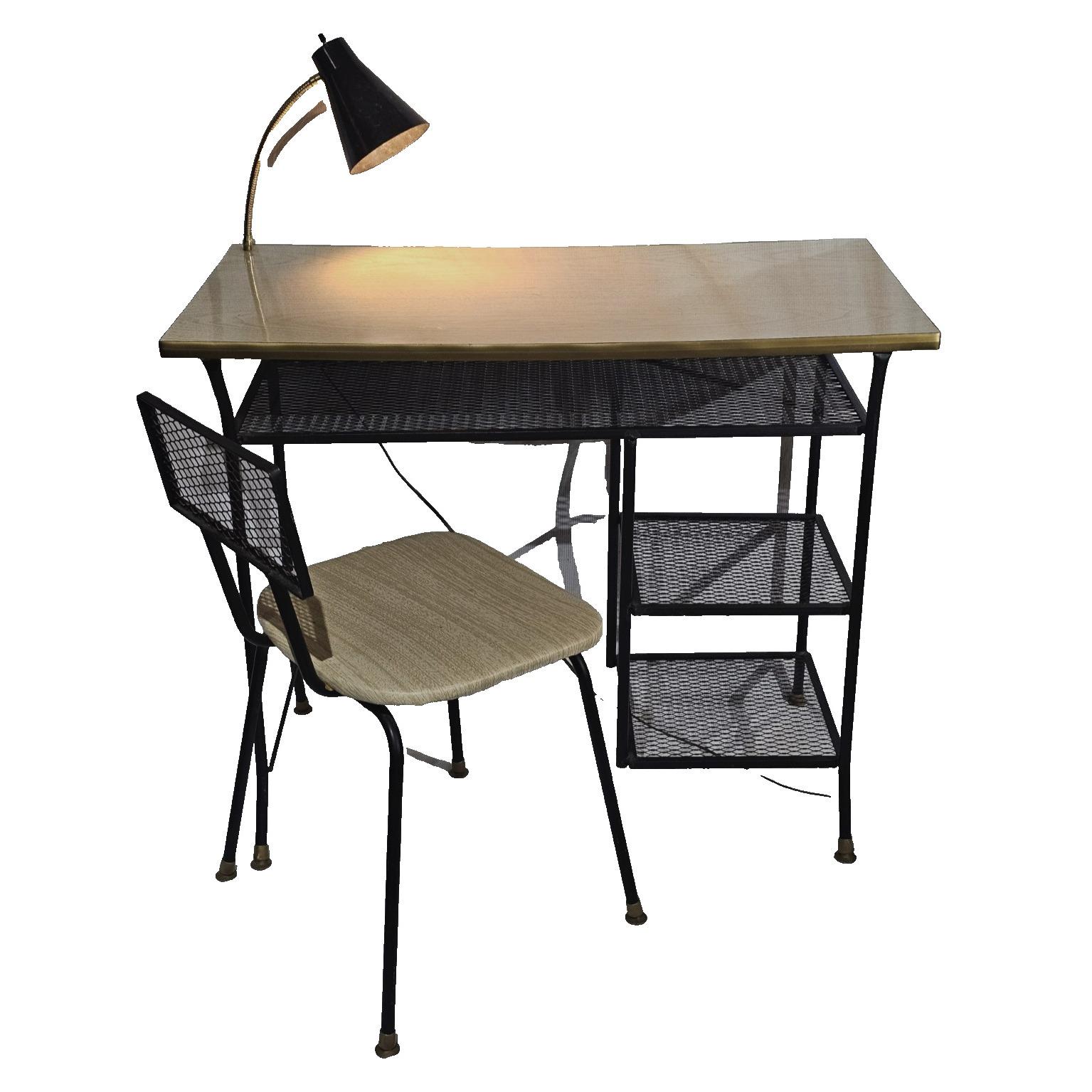 VINTAGE MID CENTURY Modern Desk & Chair Gooseneck Lamp Black Wire Shelves Collectible Furniture Memorabilia