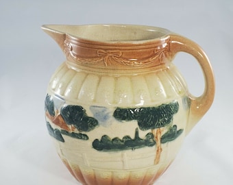 VINTAGE EARLY ROSEVILLE Pitcher Raised Landscape Pottery Unsigned Water Pitcher Collectible Antique Pottery
