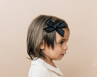 Raven | Black and Gold Stripe Baby Girl and Toddler Hair Bow | Little Bare Buns