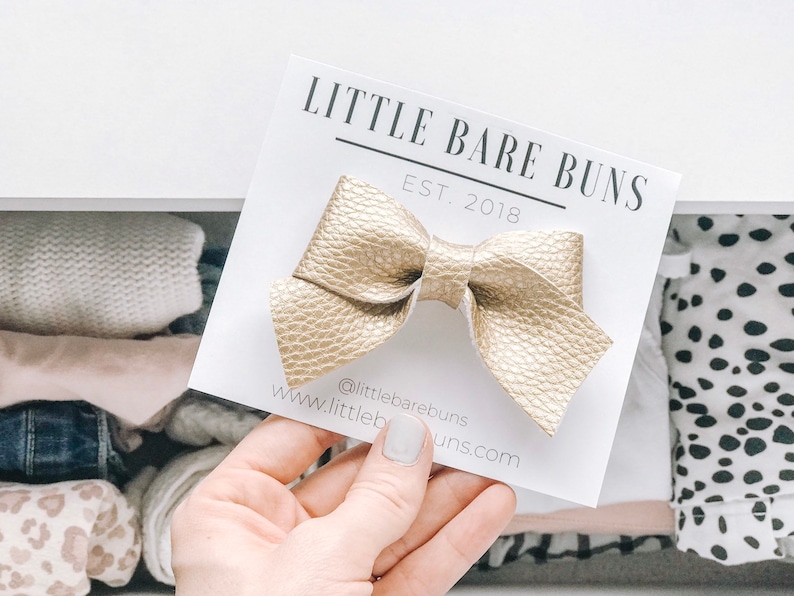 Gold Faux Leather Girls Toddler Hair Bow Gold Leather Baby Bow Little Bare Buns