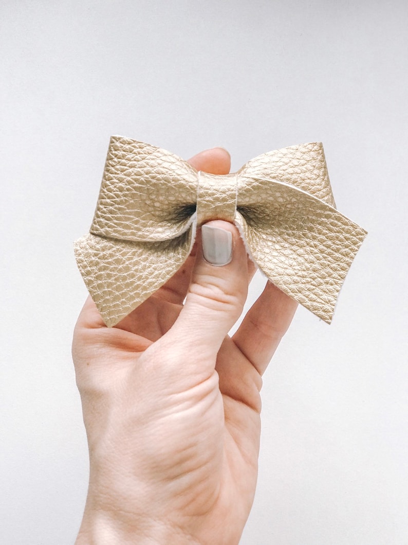 Gold Faux Leather Girls Toddler Hair Bow Gold Leather Baby Bow Little Bare Buns