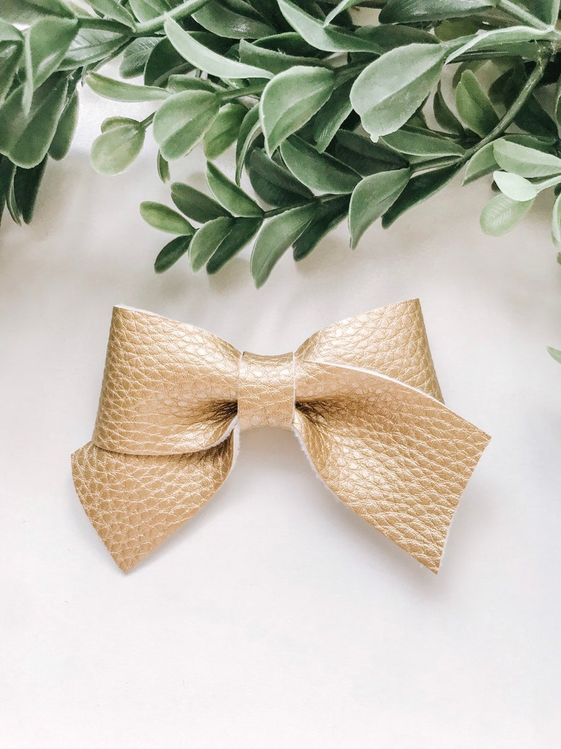 Gold Faux Leather Girls Toddler Hair Bow Gold Leather Baby Bow Little Bare Buns