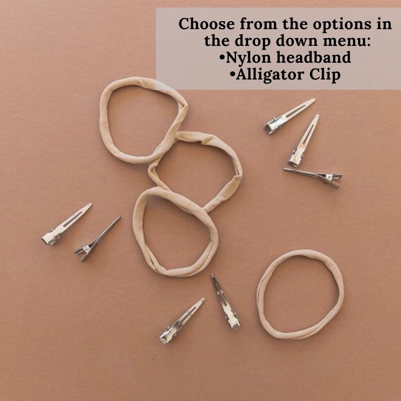 May include: A flat lay of hair accessories, including three beige nylon headbands and five silver alligator clips on a beige background. Choose from the options in the drop down menu: Nylon headband, Alligator Clip.