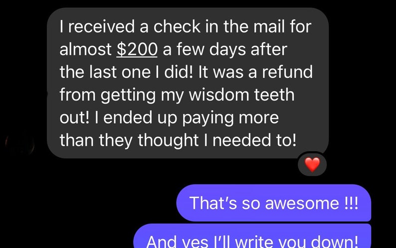May include: Screenshot of a text message conversation on a black background. The first message is a gray bubble with white text about receiving a refund. The second message is a blue bubble with the text "That's so awesome !!!".