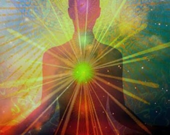 May include: A silhouette of a person meditating with a bright green light emanating from their chest, surrounded by a colorful, abstract background.