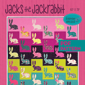 May include: A PDF pattern for a quilt featuring a colorful design of jackrabbits in a grid pattern. The quilt is 60 inches by 78 inches. The pattern is titled "Jacks the Jackrabbit" and is an Everyday Applique pattern. The text "PDF Pattern" is in a large font and the text "Everyday Stitches" is in a smaller font. The text "Patterns for everyday quilters" is in a smaller font. The text "Jacks the Jackrabbit PDF Pattern ©2019-2025 Everyday Stitches. This pattern is for personal use only, Reproduction or sharing (print or digital) is prohibited." is in a smaller font.