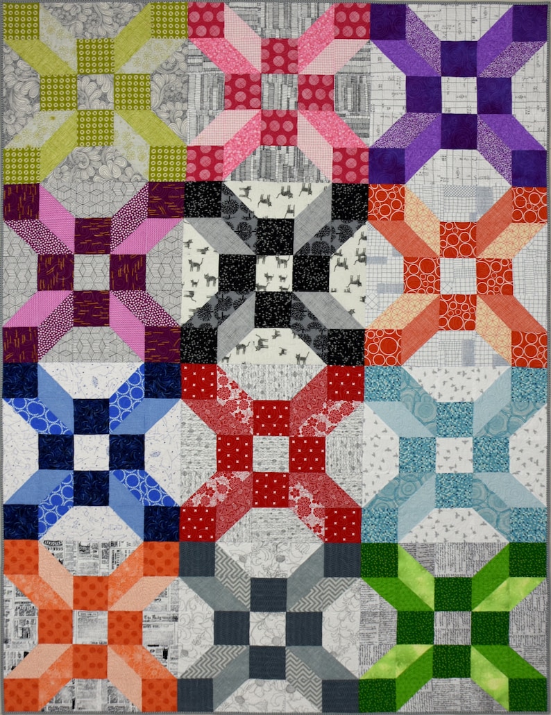 May include: A patchwork quilt with a variety of colourful fabrics. The quilt is made up of 12 squares, each with a different pattern. The patterns include polka dots, stripes and geometric shapes. The quilt is a great example of traditional quilting techniques.