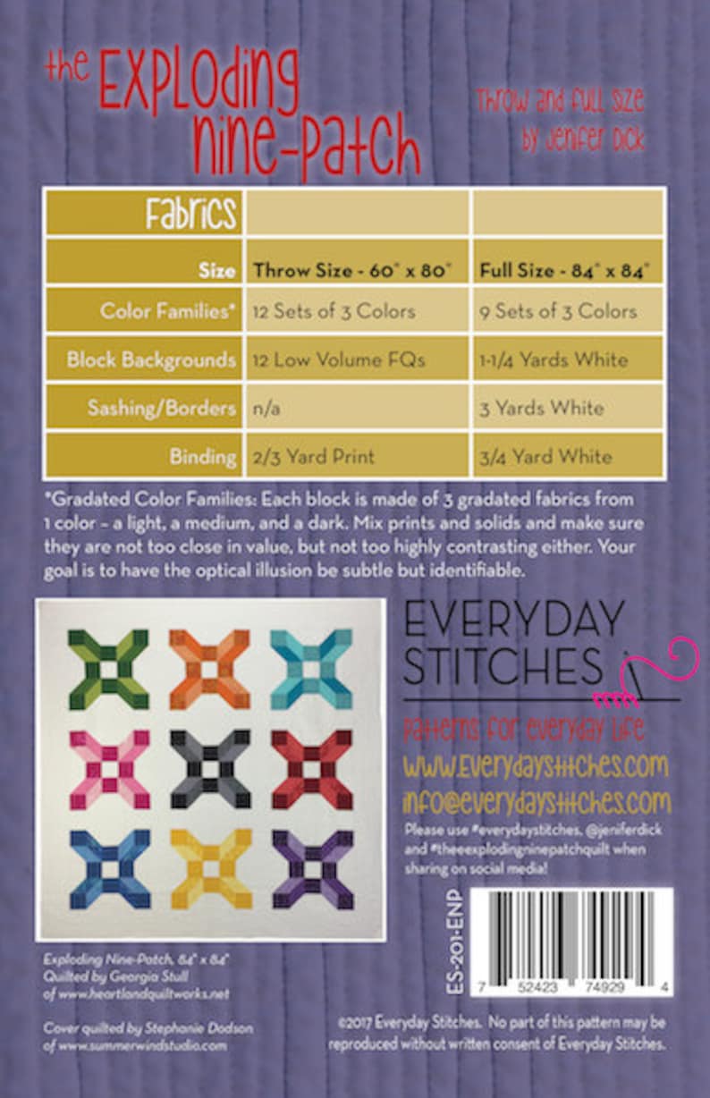 May include: A quilting pattern for an exploding nine-patch quilt. The pattern is for a throw size of 152.4 cm x 203.2 cm or a full size of 213.4 cm x 213.4 cm. The pattern includes instructions for fabric requirements, including 12 sets of 3 colours for the throw size and 9 sets of 3 colours for the full size. The pattern also includes instructions for the background fabric, sashing, and binding. The pattern is by Everyday Stitches.