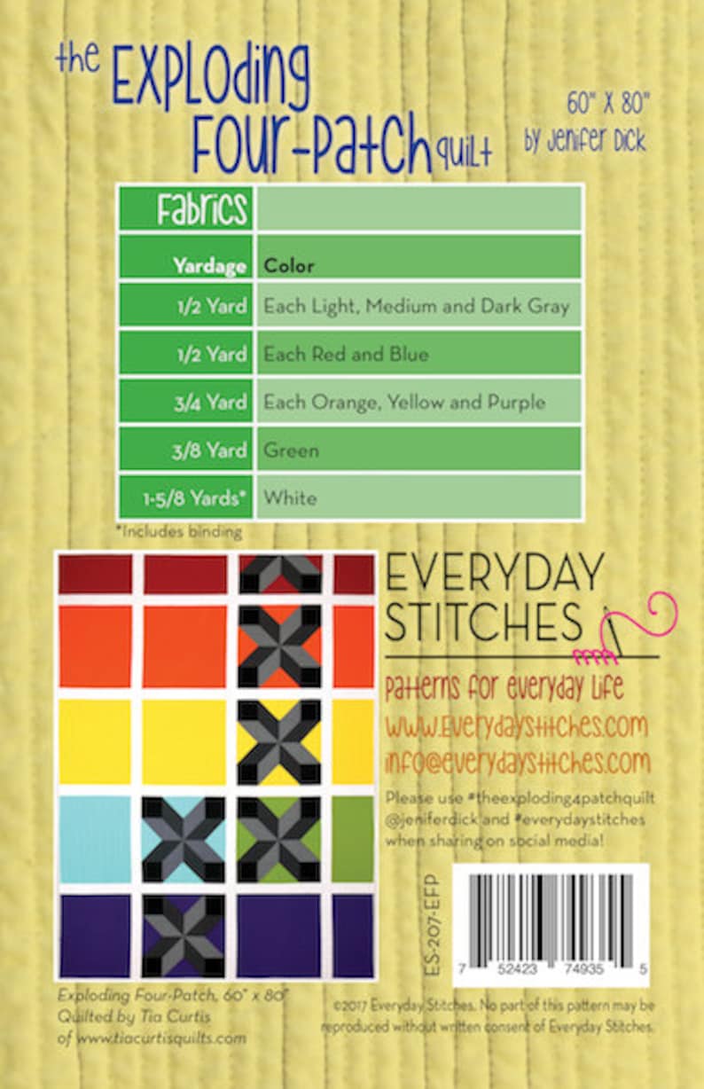 May include: A quilt pattern for an exploding four-patch quilt. The pattern is 60 inches by 80 inches and includes instructions for fabric yardage and colours. The quilt is made up of red, orange, yellow, green, blue, purple, and grey squares. The pattern is by Everyday Stitches.