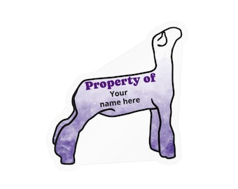 Custom Purple Market Lamb "Property of" Kiss-Cut Vinyl Decals for FFA, 4H equipment notbooks water bottles personal items
