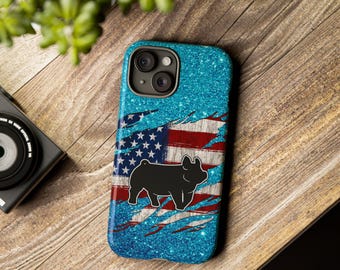 Show Hog Silhouette Phone Case | Glitter Aqua Background, Rugged Flag