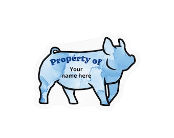 Custom Blue Market Hog "Property of" Kiss-Cut Vinyl Decals for FFA, 4H equipment notbooks water bottles personal items