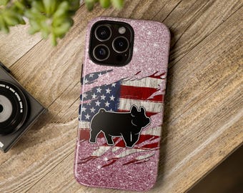 Show Hog Silhouette Phone Case | Glitter Pink with Rugged Flag