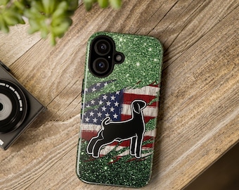 Rugged Green Glitter American Flag Goat Phone Case | Market Goat Silhouette FFA 4H