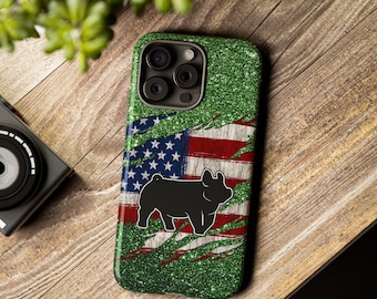 Show Hog Silhouette Phone Case | Glitter Green Rugged Flag FFA 4H