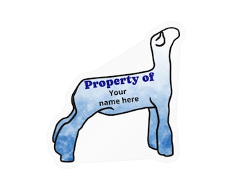 Custom Blue Market Lamb "Property of" Kiss-Cut Vinyl Decals for FFA, 4H equipment notbooks water bottles personal items
