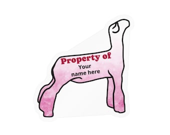 Custom Pink Market Lamb "Property of" Kiss-Cut Vinyl Decals for FFA, 4H equipment notbooks water bottles personal items