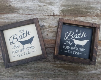 Hot Bath Rustic Wood Sign - Framed Mini Sign - Bathroom Decor - Vintage Bathroom Sign