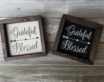 Grateful, Blessed - Rustic Wood Framed Mini Sign