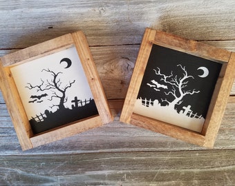 Halloween Graveyard - Rustic Wood Framed Mini Sign