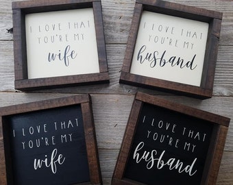 Me encanta que usted es mi marido / esposa madera marco cartel set