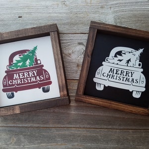 Merry Christmas Rear End Red Truck With Tree, Rustic Wood Sign