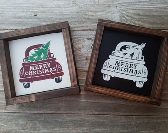 Merry Christmas Rear End Red Truck With Tree, Rustic Wood Sign