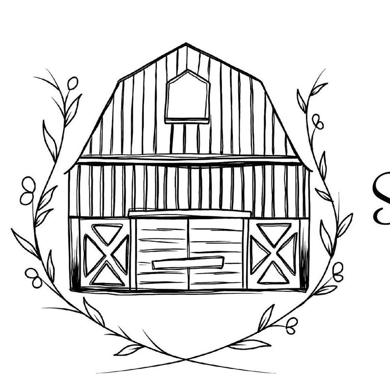 May include: Black and white line drawing of a barn with a single door and a window. The barn is surrounded by a wreath of leaves and berries.
