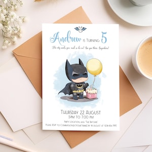 編集可能なスーパーヒーロー誕生日招待状：バットガイパーティー（5x7デジタルテンプレート）