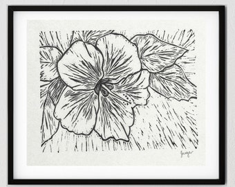 Linograbado de flor de hibisco exótica: arte floral en blanco y negro