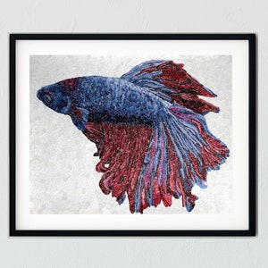 Betta Fisch blau und rot zerrissene Papiercollage Kunstdruck