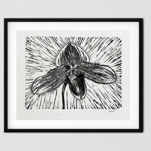Handmade Flower Slipper Orchid black and white linocut print