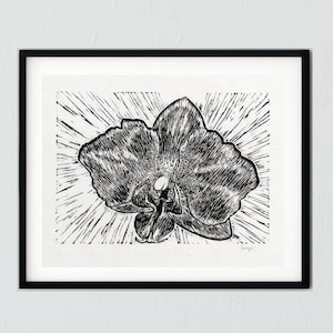 Imprimé noir et blanc de linocut de fleur d’orchidée de moth
