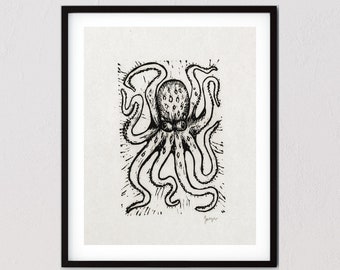 Octopus print black and white linocut block print