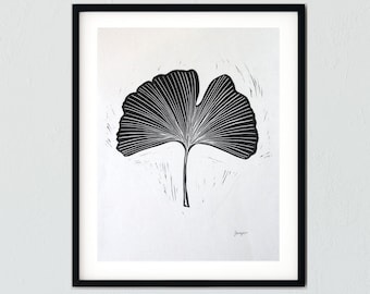 Ginkgo Leaf black and white linocut block print #123