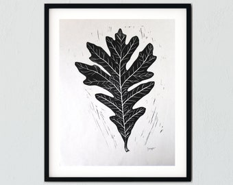 White Oak Leaf black and white linocut block print #123