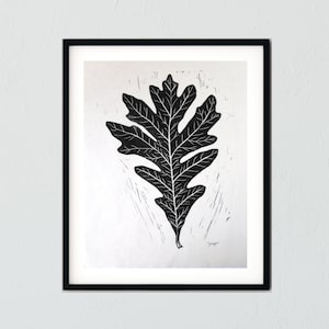 White Oak Leaf black and white linocut block print #123