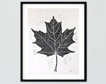 Maple Leaf black and white linocut block print #123