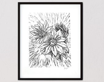 Succulent Flower Chicks and Hens linocut print black and white original artwork