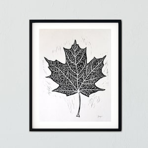 Original Leaf black and white linocut block print #123