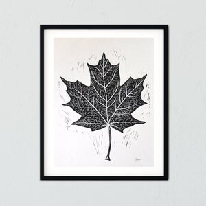 Maple Leaf black and white linocut block print #123
