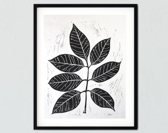 Botanical black and white Ash Leaf linocut block print #123