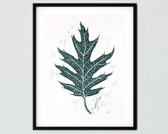 Green and White Pin Oak Leaf linocut block print #123