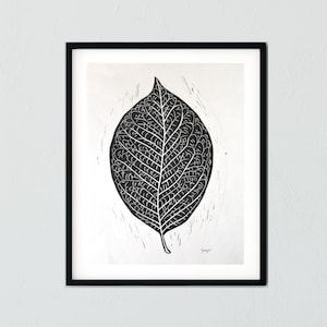 Botanical Print Oval Magnolia Leaf Black and White Linocut #123