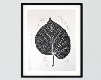 Linden Tree Leaf black and white linocut block print #123