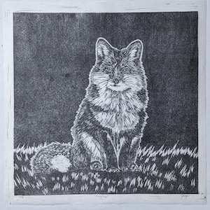 Summer fox linocut block print
